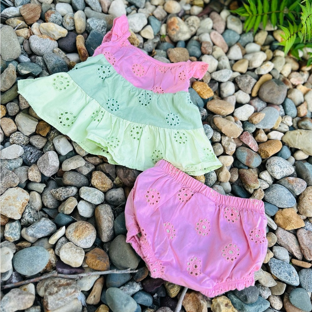Pink and Green Eyelet Baby Dress Set